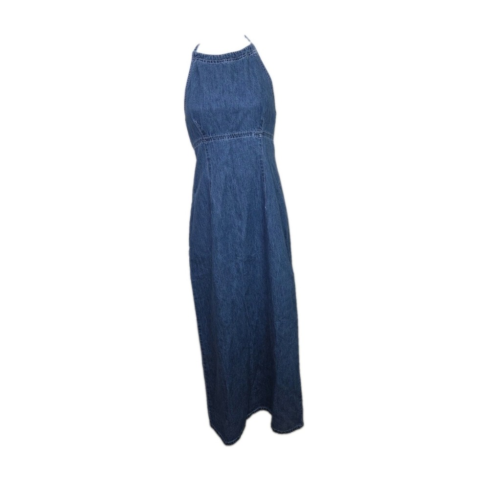Vtg 70s 80s Esprit De Corp Denim Dress Halter Backless Long Apron Blue Size 3/4